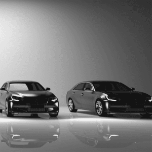 two black luxury cars on a grey background.