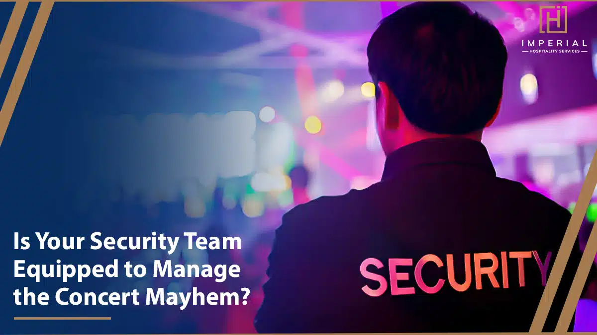 Man in event security uniform in Houston facing a crowded concert venue with colorful lights, text asking about security team preparedness.