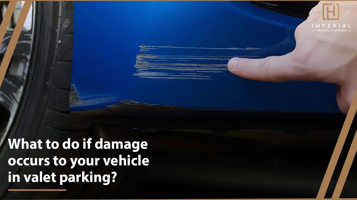 A car with scratches on its door alongside text about handling vehicle damage in valet parking services in Houston