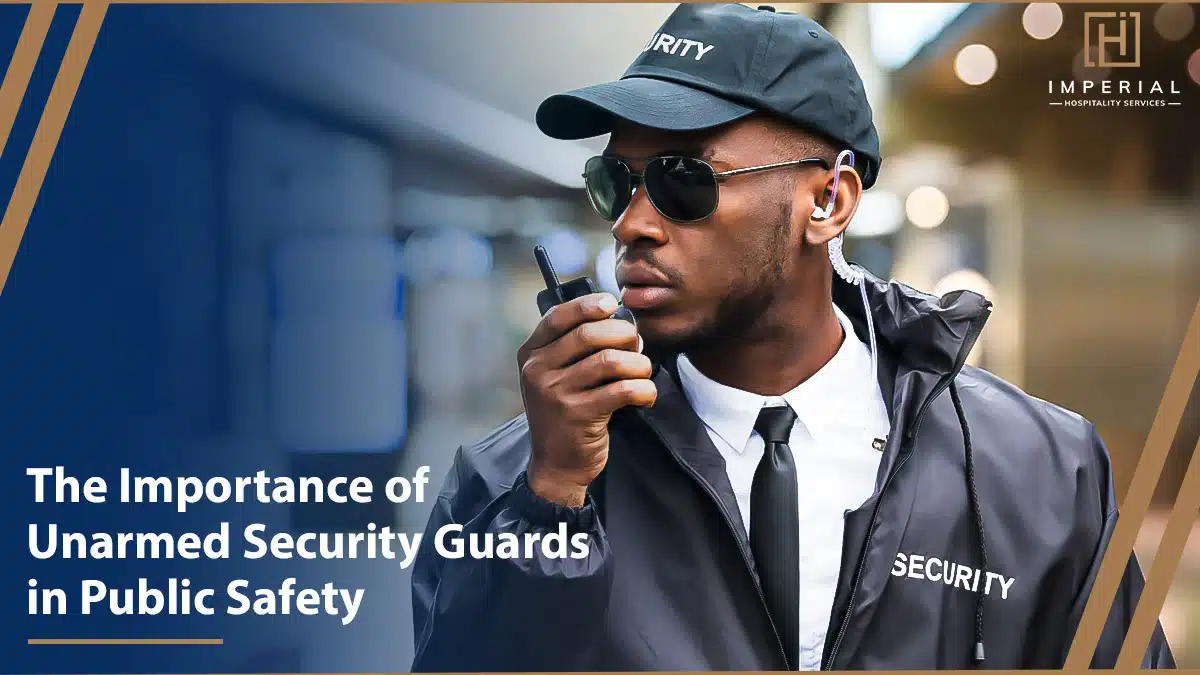 Security guard in sunglasses and cap communicates via radio in a busy station, highlighting the role of unarmed security guards services in Houston for public safety.