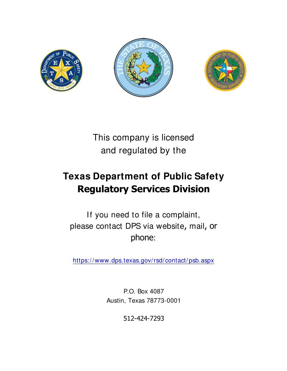 Texas DPS Private Security Program Consumer Information Sign for Imperial Transportation Services Inc., license B07323101