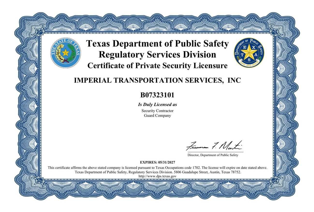 Texas DPS Private Security Program business license certificate, license number B07323101, issued to Imperial Transportation Services Inc.